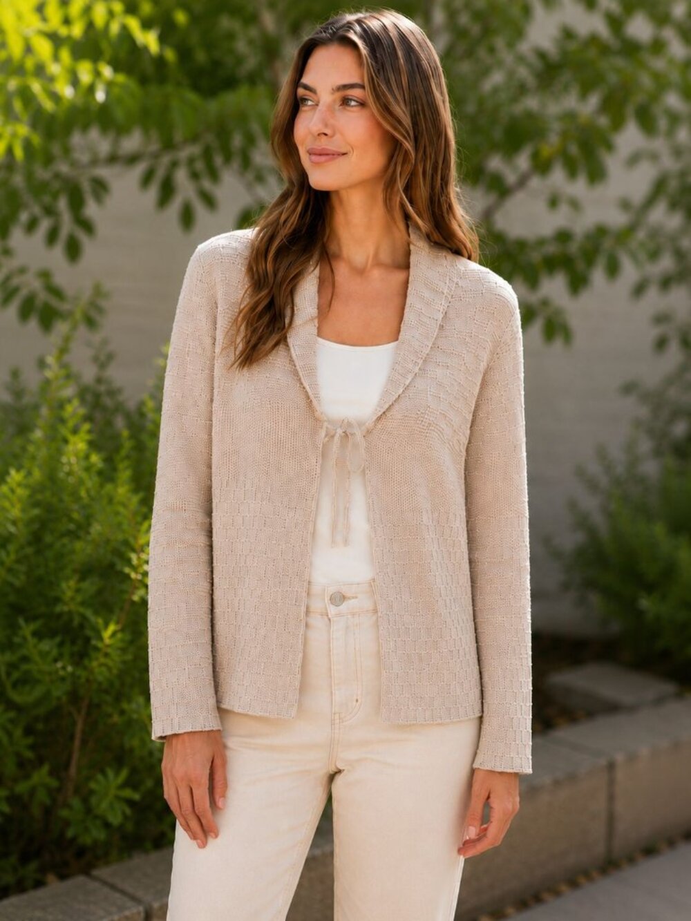 Coldwater Creek Textured Knit Cardigan Sweater Women's Light Beige Tie Front